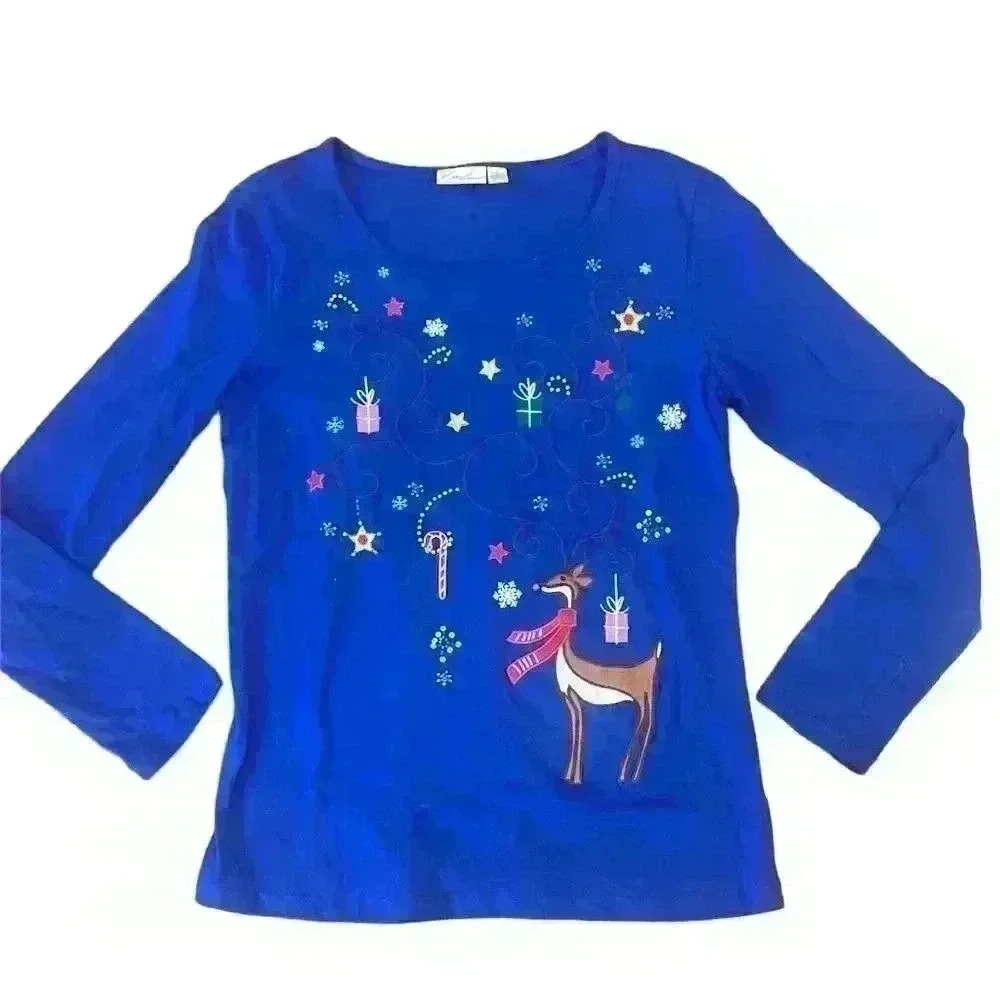 Christmas Winter Holiday Long Sleeve Tee embroidered sequins beading size Small
